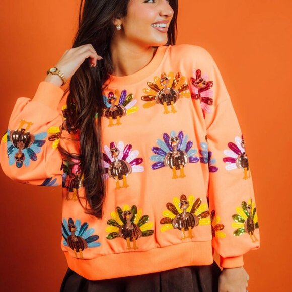 Queen of Sparkles Neon Orange Turkey Sweatshirt - Picture 1 of 4